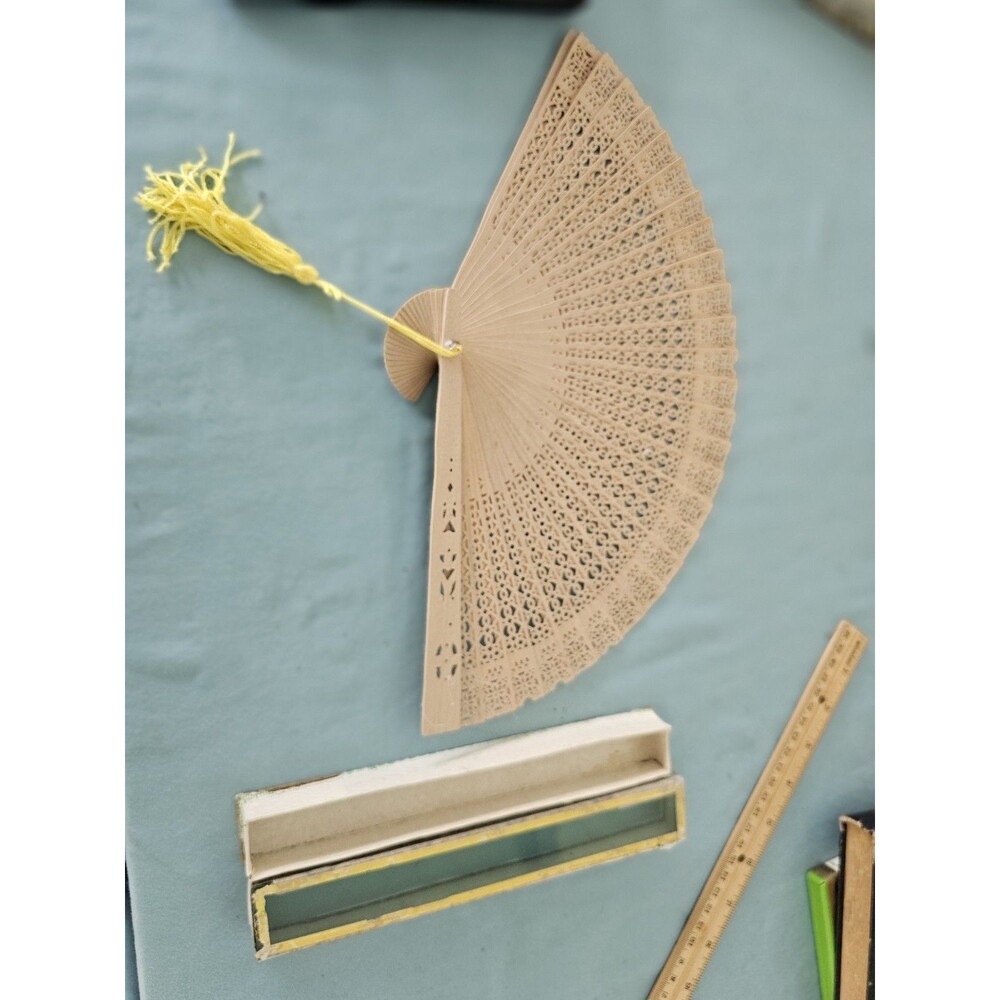 Vintage Wooden Folding Fan With Glass Top Box